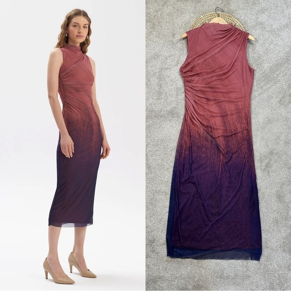 NWT Zara Women’s Sleeveless High Neck Ombre Shirred Tulle Midi Bodycon Dress XXL - Picture 1 of 14